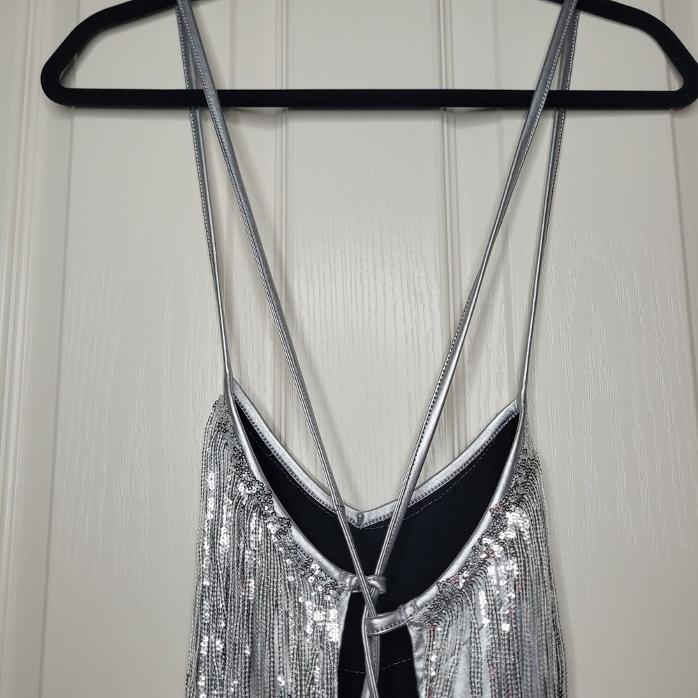 Silver Fringe Lace-Up Back Romper Women's Sz M Vegas Party Go-Go Burlesque Eras - Picture 7 of 13